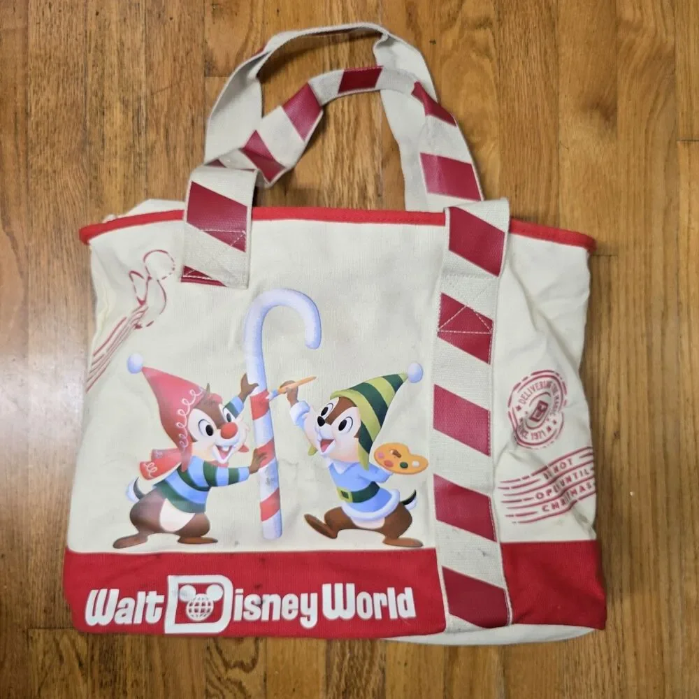 Disney Park Holiday Chip N Dale Canvas Zipper Tote Bag - used, in good condition